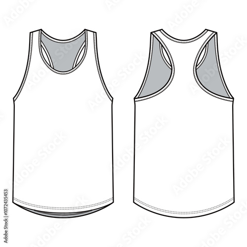 Another set of front and back views of a tank top with racerback and curved hem in black and white vector style, emphasizing clean lines.
