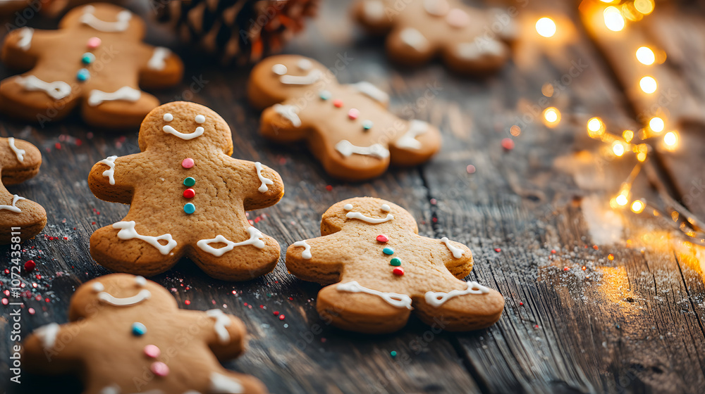 Close-up of Christmas cookies shaped like stars and gingerbread men on a wooden table with holiday decorations, copy space Close-up of Christmas cookies shaped like stars and gingerbread men on a wooden table with holiday decorations, copy space