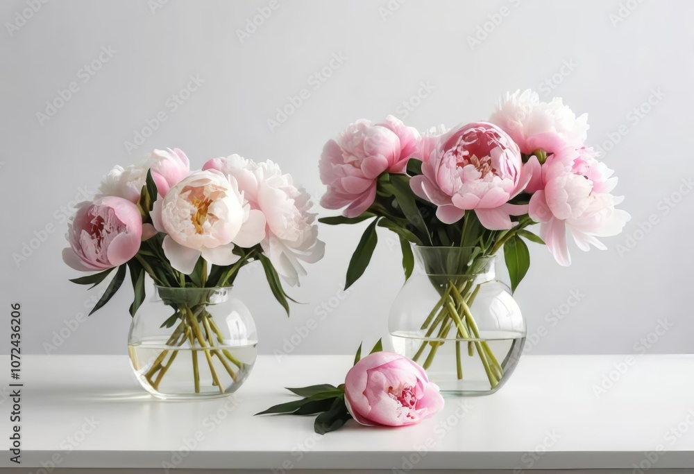 A white table with a glass vase filled with pink peonies, with space for text on the side. A white table with a glass vase filled with pink peonies, with space for text on the side.