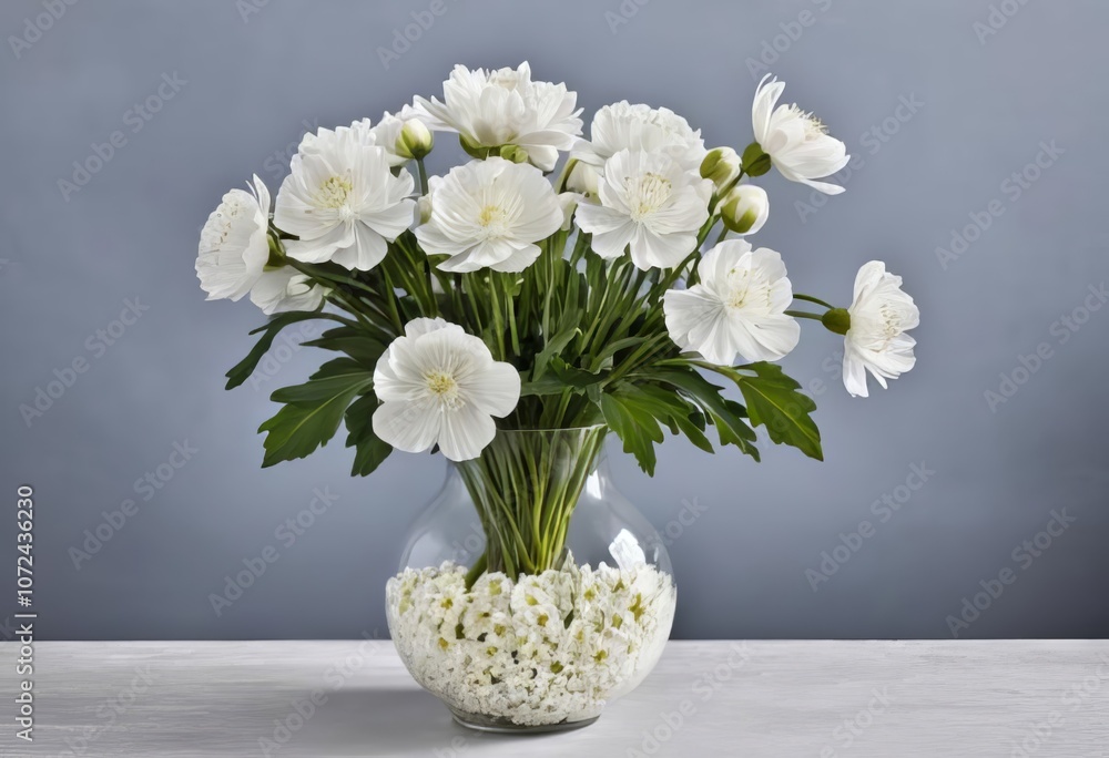A close-up of a white peony in a clear vase, with other white flowers in the background