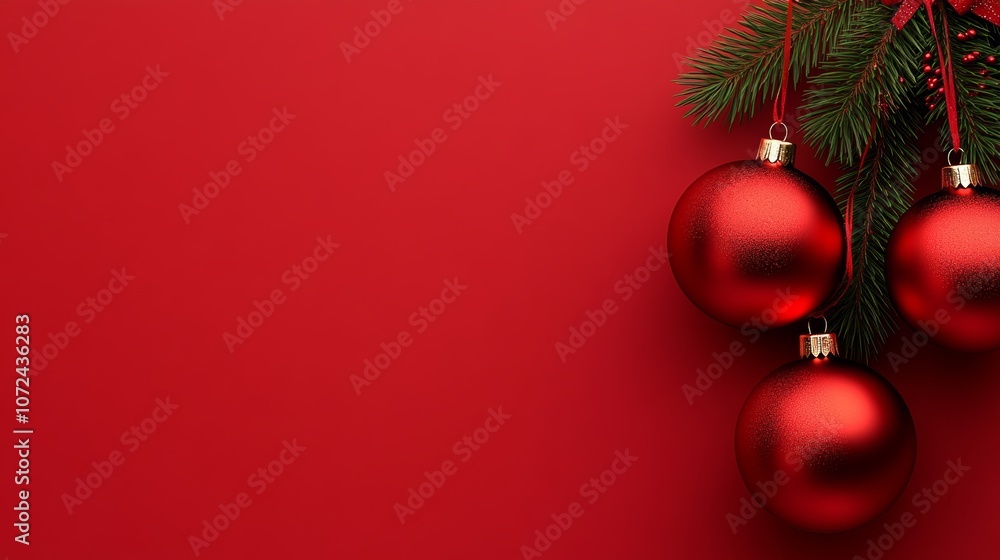 Red background with three red Christmas ornaments hanging from a green branch. The background is a deep red color, and the ornaments are shiny and bright red Red background with three red Christmas ornaments hanging from a green branch. The background is a deep red color, and the ornaments are shiny and bright red