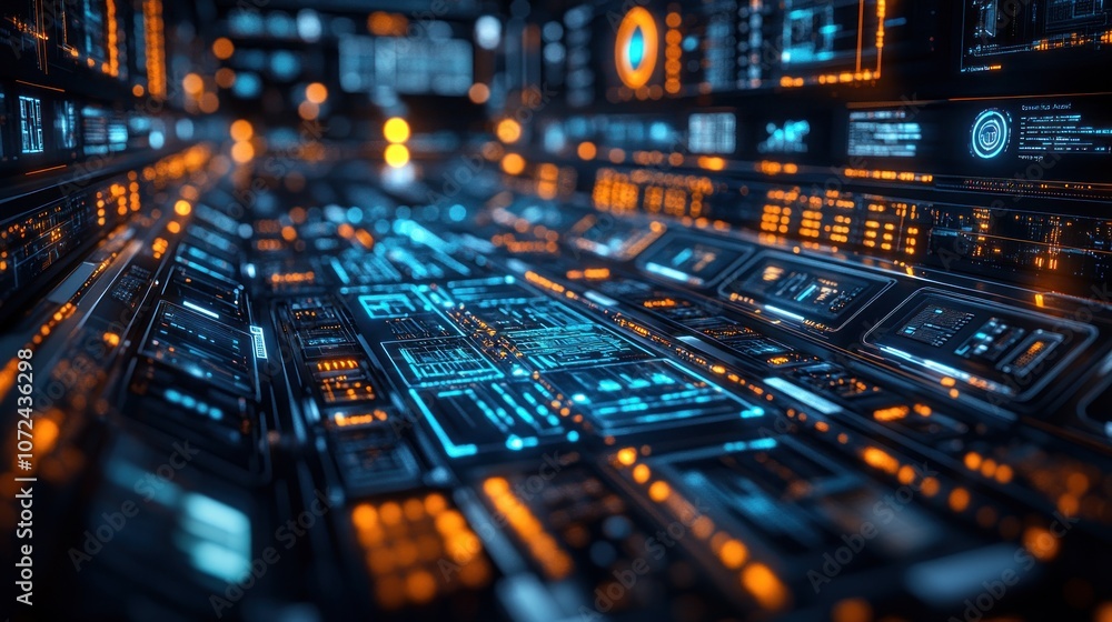 Futuristic digital interface with glowing circuitry and data displays. Futuristic digital interface with glowing circuitry and data displays.