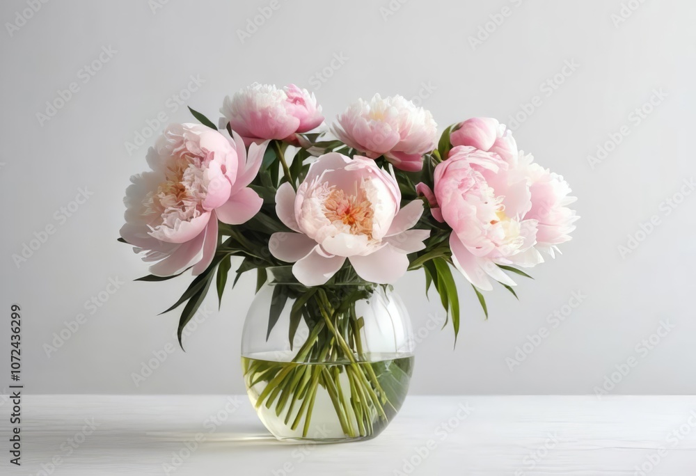 A white table with a glass vase filled with pink peonies, with space for text on the side. A white table with a glass vase filled with pink peonies, with space for text on the side.