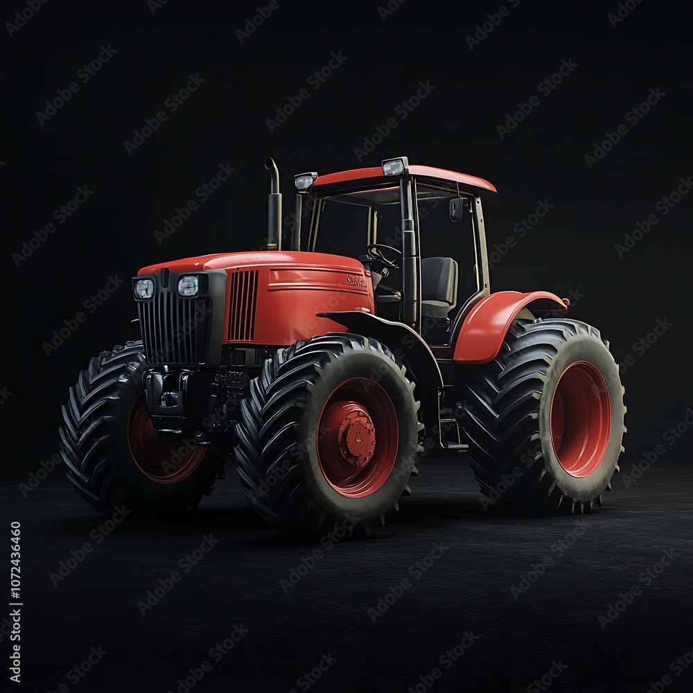 Obraz premium Red tractor standing in a dark studio setting