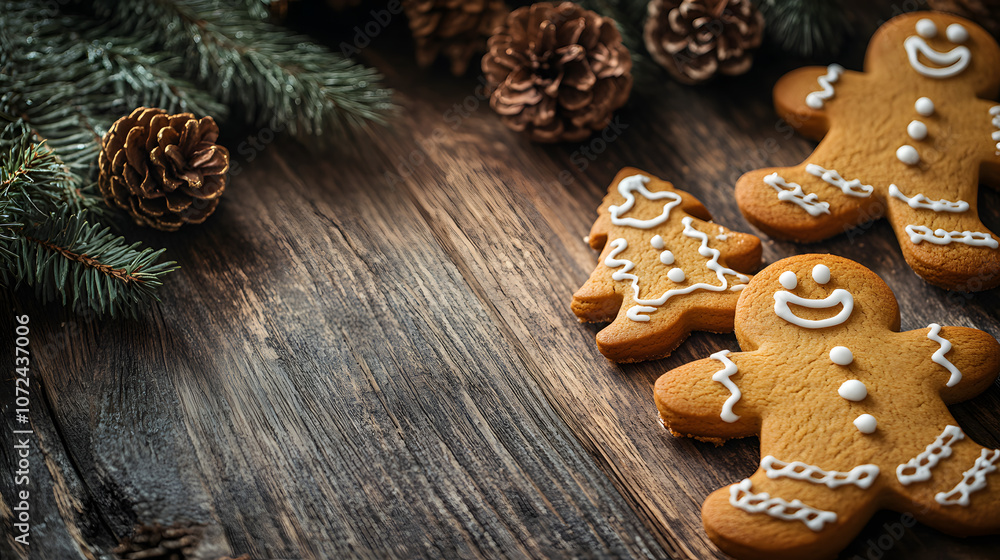 Fototapeta premium Close-up of Christmas cookies shaped like stars and gingerbread men on a wooden table with holiday decorations, copy space