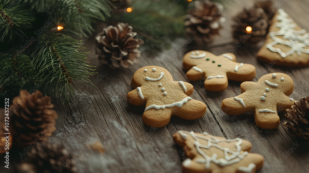 Close-up of Christmas cookies shaped like stars and gingerbread men on a wooden table with holiday decorations, copy space Close-up of Christmas cookies shaped like stars and gingerbread men on a wooden table with holiday decorations, copy space