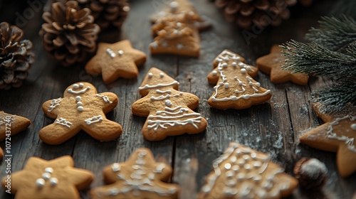 Close-up of Christmas cookies shaped like stars and gingerbread men on a wooden table with holiday decorations, copy space