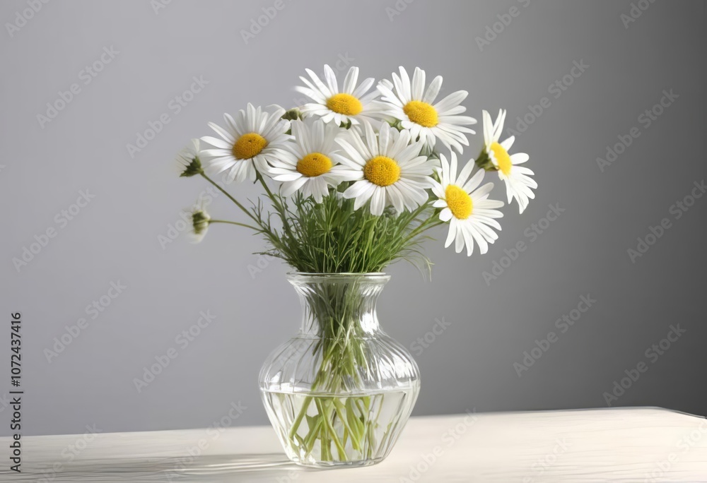 A white vase filled with chamomile flowers sitting on a table with a light background A white vase filled with chamomile flowers sitting on a table with a light background