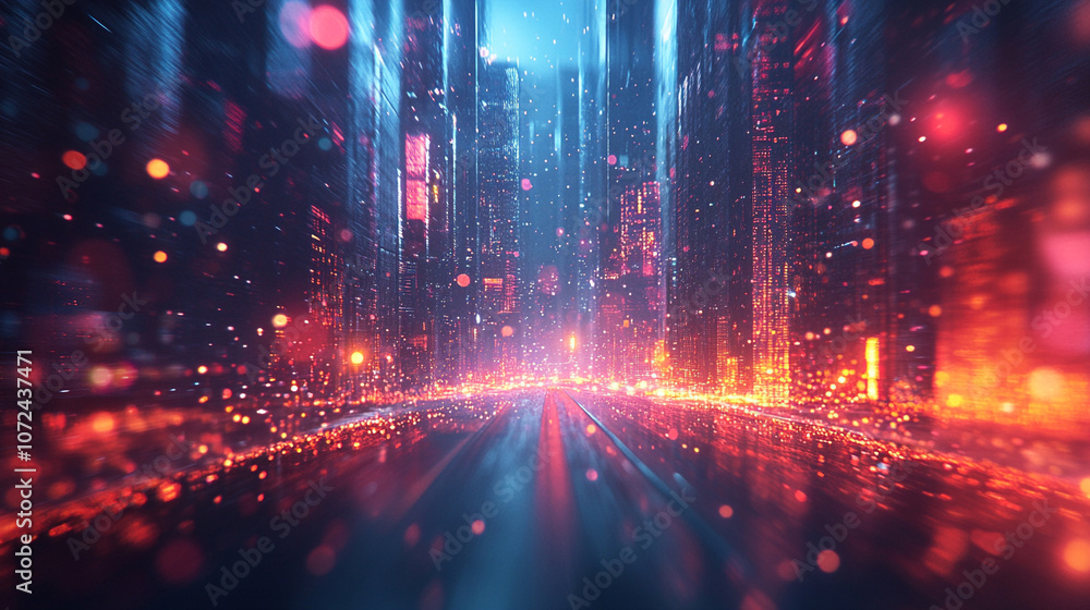 A futuristic cityscape illuminated by vibrant lights and digital elements, captured in a dynamic, blurred perspective that suggests movement and energy. A futuristic cityscape illuminated by vibrant lights and digital elements, captured in a dynamic, blurred perspective that suggests movement and energy.