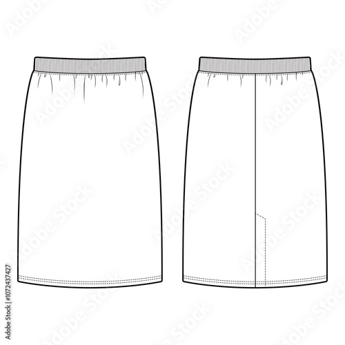 Women's Pencil Skirt Technical Drawing with Back Vent, Front and Back View

