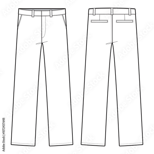 Men's Chino Pants Technical Drawing, Front and Back View

