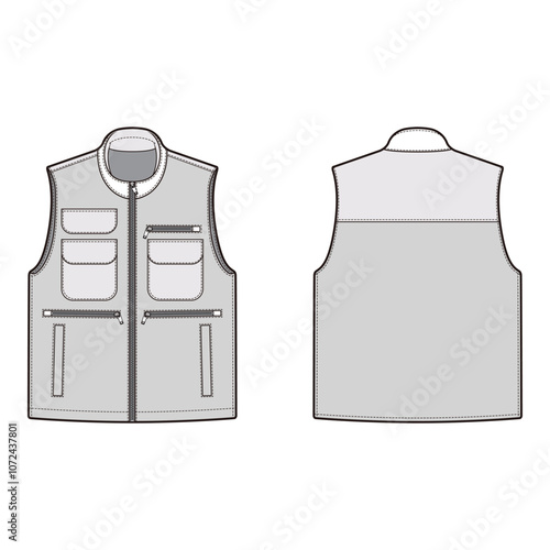 Multi-Pocket Vest Technical Drawing with Zipper Closure, Front and Back View

