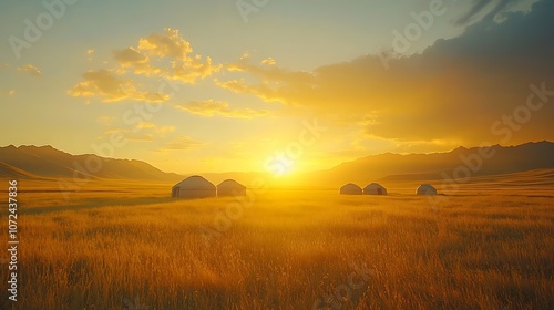 Yurts standing on grassy field during golden hour sunset