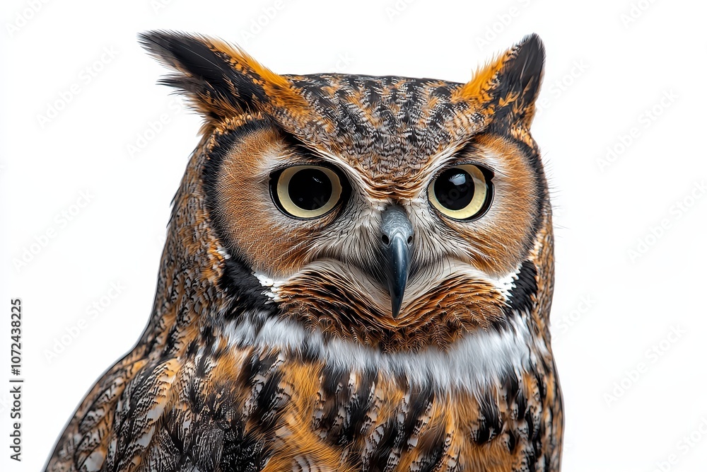Portrait of a regal great horned owl with striking eyes and intricate feather patterns Portrait of a regal great horned owl with striking eyes and intricate feather patterns