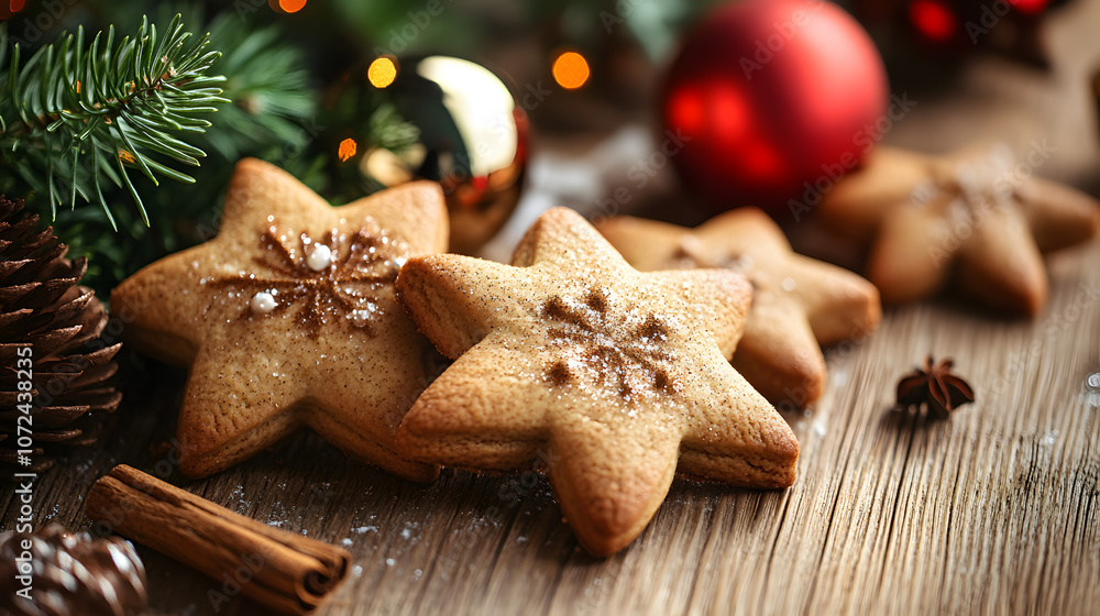 Close-up of Christmas cookies shaped like stars and gingerbread men on a wooden table with holiday decorations, copy space Close-up of Christmas cookies shaped like stars and gingerbread men on a wooden table with holiday decorations, copy space