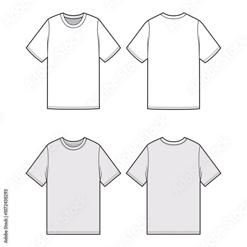Unisex T-Shirt Technical Drawing, Regular and Drop Shoulder, Front and Back View

