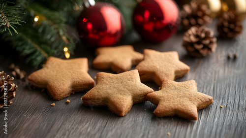 Close-up of Christmas cookies shaped like stars and gingerbread men on a wooden table with holiday decorations, copy space