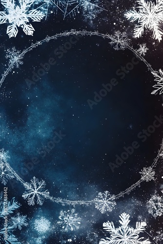 A circular frame bordered with snowflakes for a winter or holiday theme