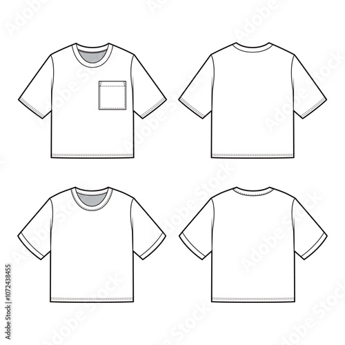Unisex Cropped T-Shirt Technical Drawing, with and without Chest Pocket, Front and Back View


