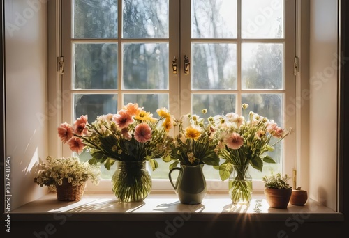 A living room with sunlight streaming in and a vase of fresh flowers on the coffee table