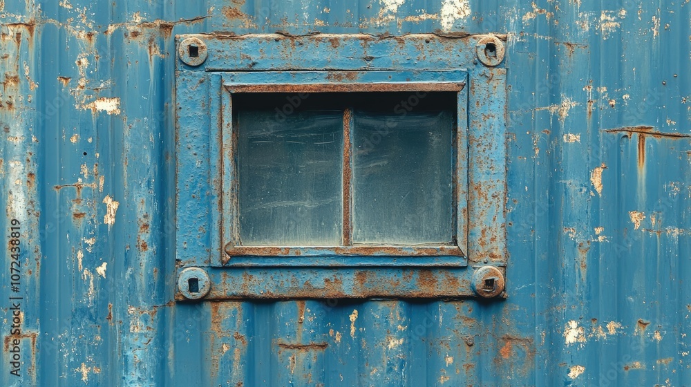 Naklejka premium Rusty window on weathered blue wall. Ideal for projects on industry, construction, and aging.