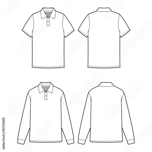Men's Polo Shirt Technical Drawing, Short and Long Sleeve, Front and Back View

