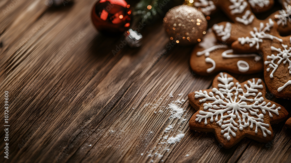 Close-up of Christmas cookies shaped like stars and gingerbread men on a wooden table with holiday decorations, copy space Close-up of Christmas cookies shaped like stars and gingerbread men on a wooden table with holiday decorations, copy space