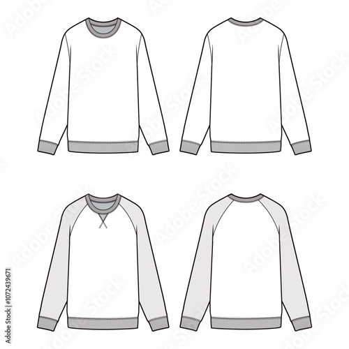 Men's Crew Neck and Raglan Sweatshirt Vector Template

