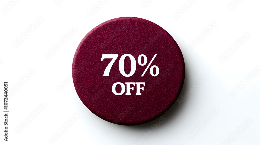 White '70% OFF' Text on a Dark Red Round Paper Note. White Background with Copy Space White '70% OFF' Text on a Dark Red Round Paper Note. White Background with Copy Space