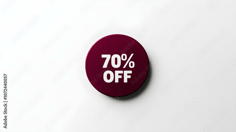 White '70% OFF' Text on a Dark Red Round Paper Note. White Background with Copy Space White '70% OFF' Text on a Dark Red Round Paper Note. White Background with Copy Space
