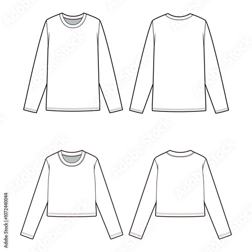 Women's Long Sleeve Top and Cropped Top Front and Back View Vector Template

