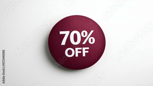 White '70% OFF' Text on a Dark Red Round Paper Note. White Background with Copy Space