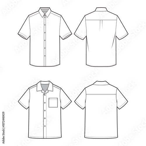Short-sleeve dress shirt with collar, button-down design, shown in front and back views, vector illustration for clothing design.

