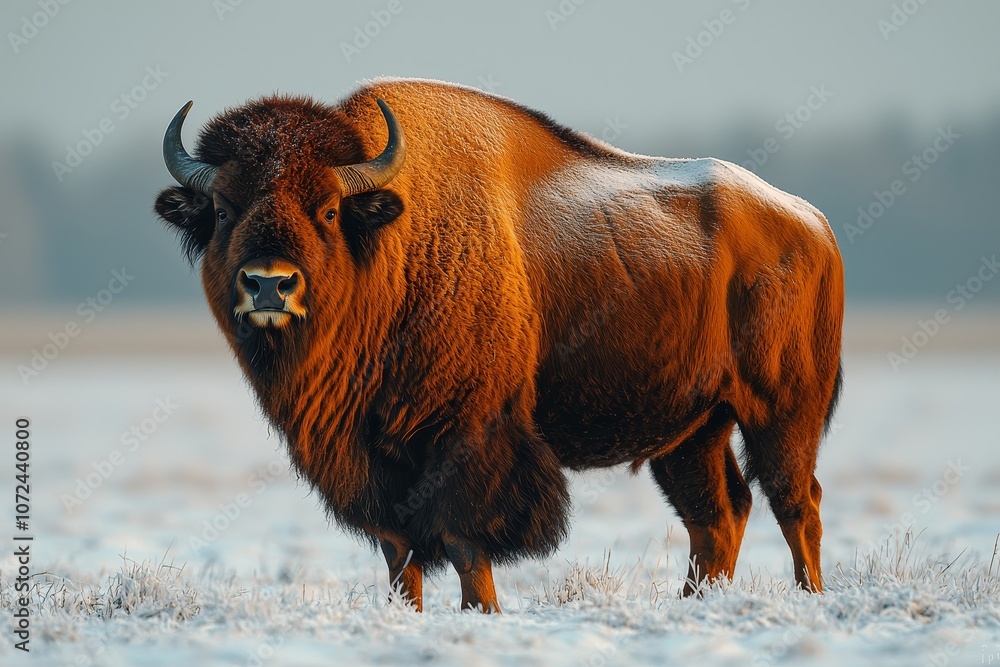 Majestic bison in snowy landscape during golden hour Majestic bison in snowy landscape during golden hour