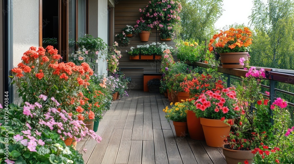 Fototapeta premium A balcony decorated with many potted plants. The colorful flowers add a vibrant and lively touch to the outdoor space.