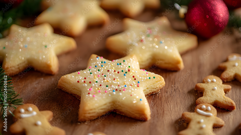 Close-up of Christmas cookies shaped like stars and gingerbread men on a wooden table with holiday decorations, copy space Close-up of Christmas cookies shaped like stars and gingerbread men on a wooden table with holiday decorations, copy space