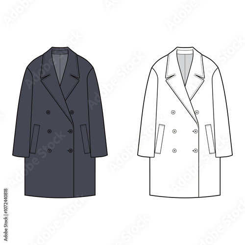 Dark gray and white color options of a double-breasted overcoat with wide lapels, shown in front view vector style, emphasizing a sophisticated and formal look.
