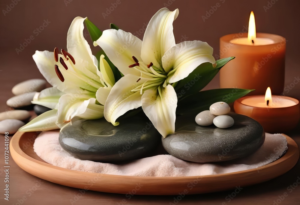 A spa set-up with lilies and candles on a brown background A spa set-up with lilies and candles on a brown background