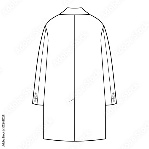 Back view of a single-breasted coat with simple lines and lapel details in black and white vector format, focusing on minimalist and classic style.
