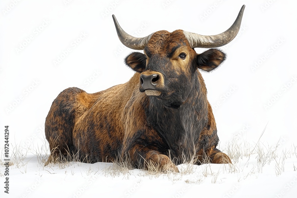 Majestic yak resting in snowy field with striking horns on a winter day Majestic yak resting in snowy field with striking horns on a winter day