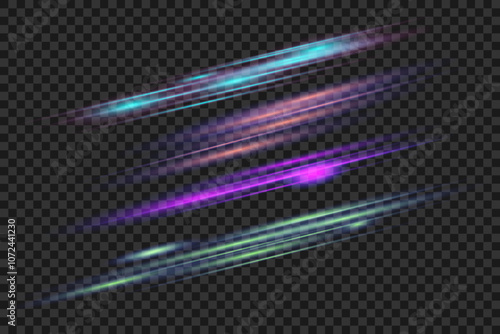 Set of light effects, rays of light, colored lines, glow, Glowing isolated effects on a transparent background. Flashes of light, colorful stars, starry sky.