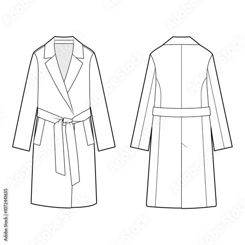 Front and back views of a belted overcoat with lapels in black and white vector illustration, showcasing classic tailoring and clean lines.
