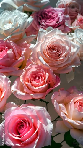 Close-up of pink and white roses in natural light