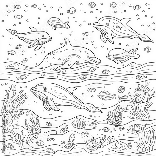 An ocean scene with whales ...
