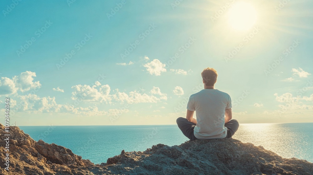 Fototapeta premium Person in serene environment bright day clean background copy space