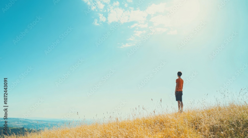 Person enjoying scenic view bright day clean background copy space Person enjoying scenic view bright day clean background copy space