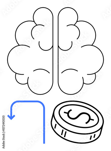 Brain profile next to a dollar coin with a blue downward arrow. Ideal for finance, investment, education, mental health, business, decision making, cognitive research. Line metaphor