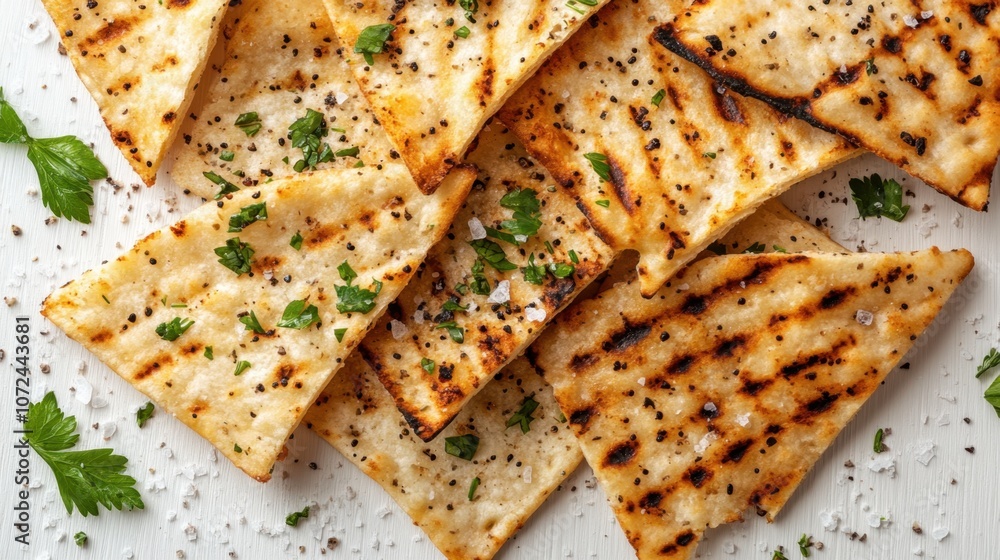 Delicious grilled flatbread garnished with herbs and spices, served on a rustic white surface during a sunny afternoon gathering Delicious grilled flatbread garnished with herbs and spices, served on a rustic white surface during a sunny afternoon gathering