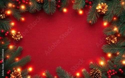 Christmas background with xmas tree and sparkle bokeh lights on red canvas background. Merry christmas card. Winter holiday theme. Happy New Year. Space for text