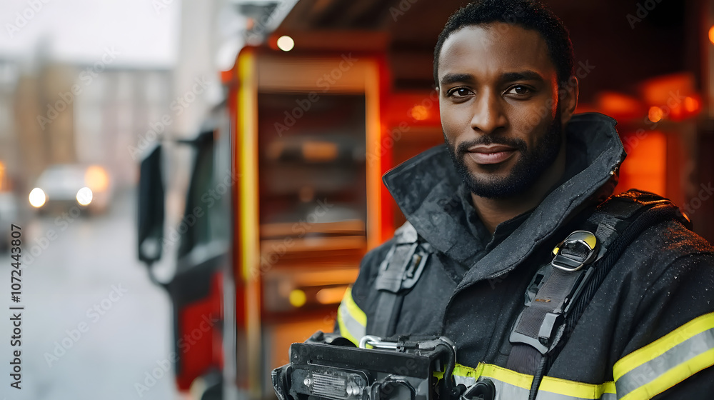 Fototapeta premium Stunning portrait of an African firefighter in protective uniform, showcasing the vibrant colors of safety equipment against the backdrop of a fire engine